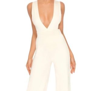 Oh Polly Double Layered Plunge Jumpsuit in Cream